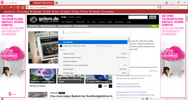 Mit Hilfe von Kurzbefehlen können auch Browser-Funktionen aufgerufen werden. (Screenshot: Golem.de)