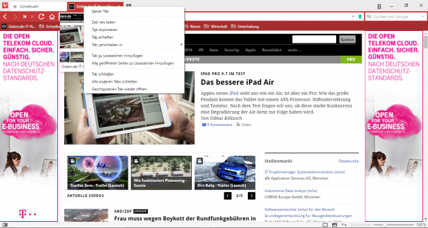 Via Kontextmenü steht eine Reihe von Tab-Funktionen zur Verfügung. (Screenshot: Golem.de)