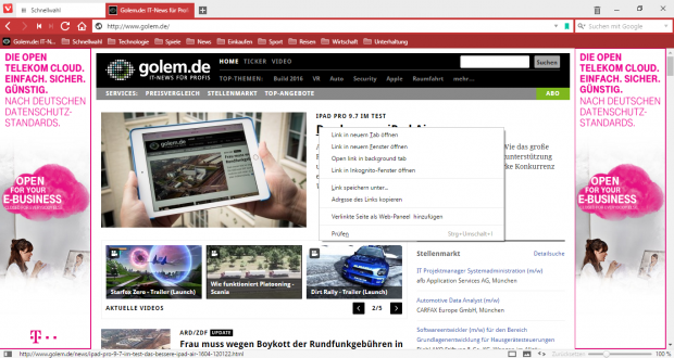 Über das Kontextmenü kann das Öffnen von Links gesteuert werden. (Screenshot: Golem.de)