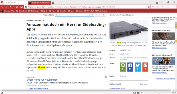 Bei der Suche innerhalb einer Webseite werden die Positionen der Suchtreffer in der Scrollleiste angezeigt. (Screenshot: Golem.de)