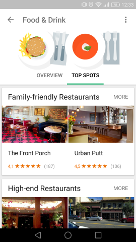 Auch Restaurantempfehlungen werden  angezeigt. (Screenshot: Golem.de)