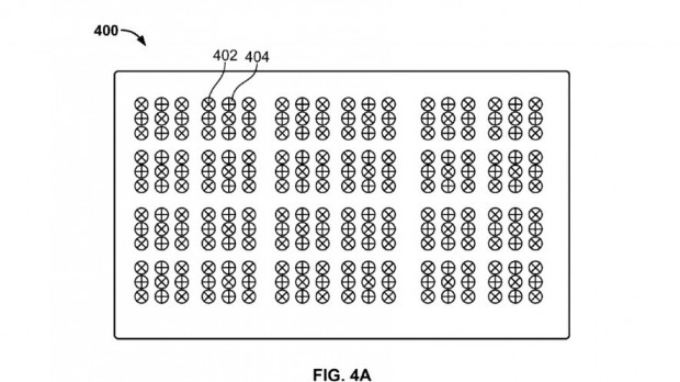 Das Display beinhaltet in dieser Darstellung abwechselnd LCDs und Sensorenpunkte, die die Rei&szlig;bewegung erkennen sollen. (Bild: Google/USPTO)