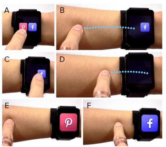 Apps k&ouml;nnen auf eine virtuelle Ablage auf dem Arm gezogen und sp&auml;ter wieder hergestellt werden. (Bild: CMU)