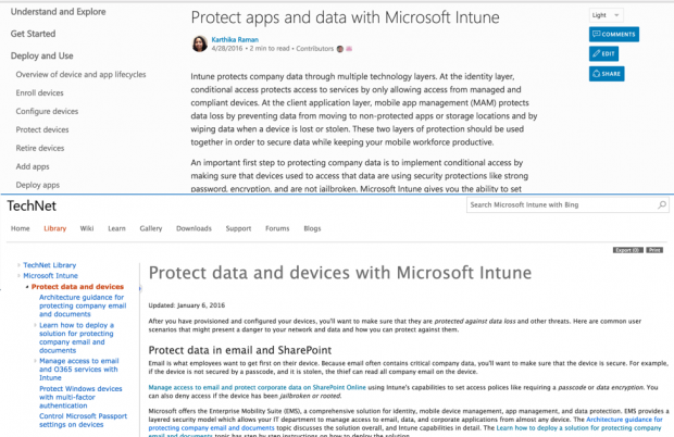 Die neue (oben) und alte Dokumentation von Microsoft (Bild: Microsoft)