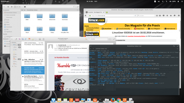 Elementary OS strickt aus vielen Bestandteilen aus Gnome, zahlreichen eigenen Programmen und der Optik und Bedienungsweise von Mac OS X einen modernen Desktop. (Bild: Christoph Langner / Linux User)