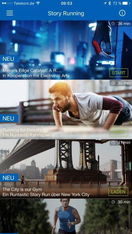 In der App von Runtastic w&auml;hlt der Spieler-Sportler seinen Story-run aus. (Screenshot: Golem.de)