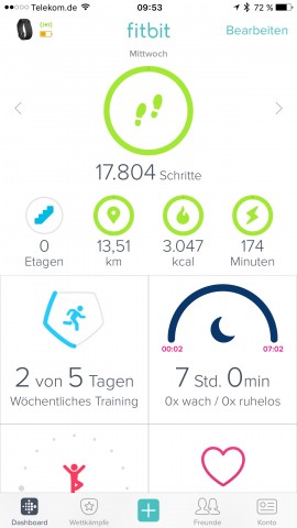 Das neue Dashboard der App von Fitbit. (Screenshot: Golem.de)