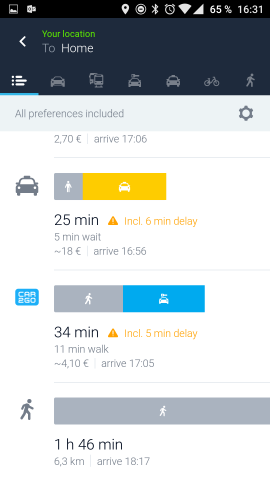 Neu ist die Einbindung von Taxis und Carsharing-Unternehmen wie Car2Go. (Screenshot: Golem.de)