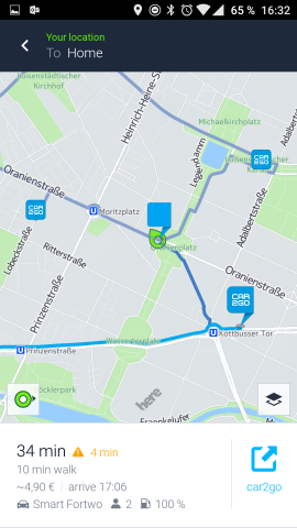 Dank einer Kooperation mit Car2Go können Nutzer sich direkt die Standorte der Leihwagen anzeigen lassen - inklusive Tankanzeige. (Screenshot: Golem.de)