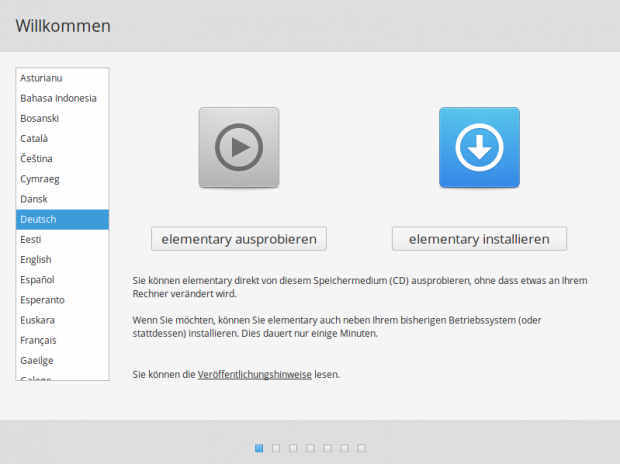 Begrüßungsbildschirm des Elementary-OS-Installers (Bild: Screenshot Valentin Höbel)