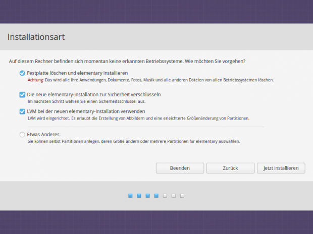 Partitionierung: LVM und Verschlüsselung in der Schnellauswahl (Bild: Screenshot Valentin Höbel)