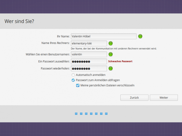 Im letzten Schritt fordert der Installer zur Eingabe eines Host- und Benutzernamens auf. (Bild: Screenshot Valentin Höbel)