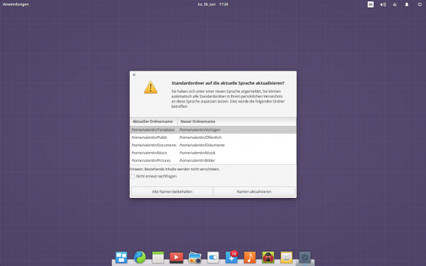 Der erste Login nach der Sprachumstellung: Auch die Ordner werden lokalisiert. (Bild: Screenshot Valentin Höbel)