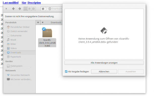 Standardmäßig will kein Programm herunter geladene Debian-Pakete öffnen. (Bild: Screenshot Valentin Höbel)