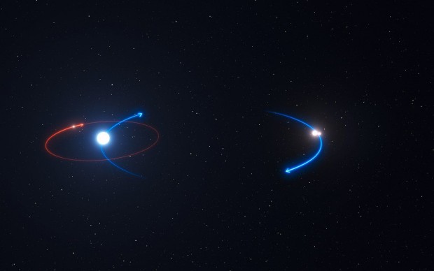 Die kleineren Sterne kreisen um einander und um den großen Stern. Der wird auch von dem Planeten umrundet. (Bild: Eso)