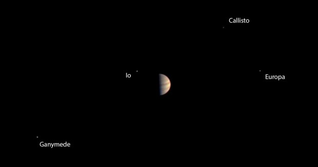 Erste Bilder vom Ziel: Am 29. Juni 2016 fotografierte Juno Jupiter und einige seiner Monde aus 5,3 Millionen km Entfernung. (Foto: Nasa/JPL-Caltech/SwRI/MSSS)