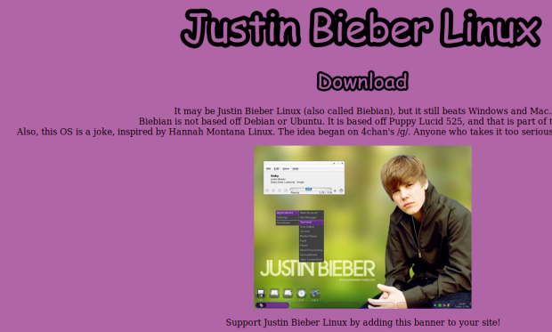 Die Webseite von Justin Bieber Linux, das auf einem 4chan-Gag basiert. (Bild: Kristian Kißling/Linux Magazin)