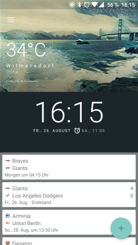 Einen ersten großen Unterschied gibt es, wenn der Nutzer nach rechts wischt: Bei OxygenOS befindet sich hier Shelf, eine Art Google-Now-Ersatz, der mit Widgets bestückt werden kann - beispielsweise mit dem Google-Now-Widget. (Screenshot: Golem.de)