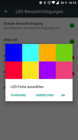 Bei OxygenOS kann die Farbe der Benachrichtigungs-LED aus acht vorbestimmten Farben ausgewählt werden. (Screenshot: Golem.de)