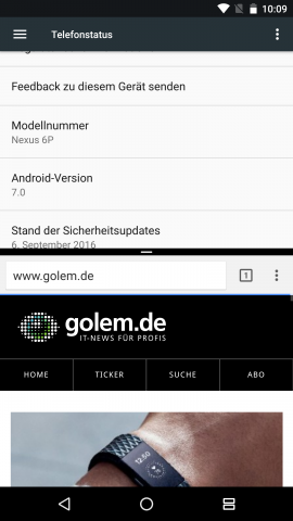 Der Zweifenstermodus von Android 7.0 im Hochformat auf einem Nexus 6P (Screenshot: Golem.de)