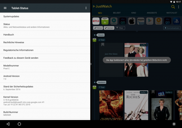 Es gibt einen Warnhinweis, wenn eine nicht unterst&uuml;tzte App im Zweifenstermodus gestartet wird. (Screenshot: Golem.de)