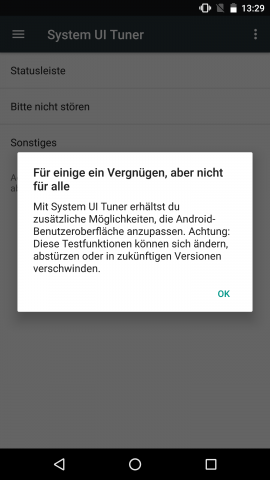 Beim ersten Aufruf des System UI Tuners erscheint dieser Warnhinweis. (Screenshot: Golem.de)