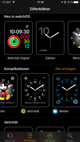 Praktisch ist die Auflistung der neuen Zifferblätter. (Screenshot: Golem.de)