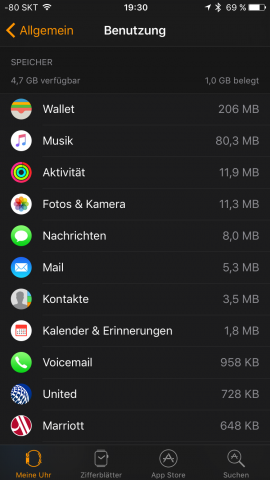 Bisher zeigt sich, dass der Flashspeicher der Apple Watch ausreichend ist. Daran ändert auch WatchOS 3.0 nichts. (Screenshot: Golem.de)