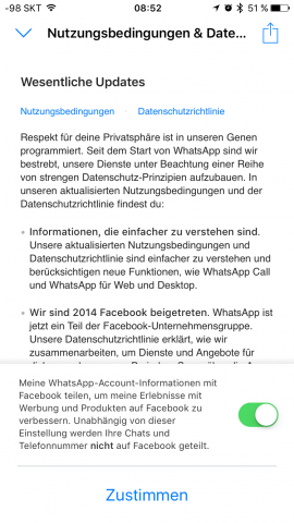 Jetzt funktioniert Whatsapp nicht mehr ohne Zustimmung. In den Nutzungsbedinungen Versteckt Facebook eine wichtige Entscheidungsmöglichkeit. (Screenshot: Golem.de)