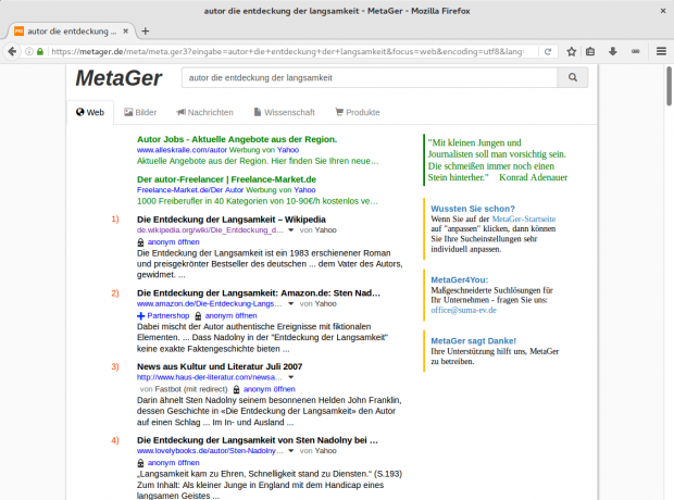 Suchresultate von Metager mit Werbeeinblendung in grün. (Screenshot: Golem.de/Jan Weisensee)