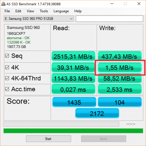 Mangels NVMe-Treiber fallen einige wenige Messwerte sehr niedrig aus (Screenshot: Marc Sauter/Golem.de)