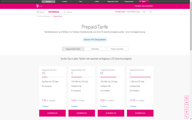 Auf der Übersichtsseite der Telekom-Prepaid-Tarife wird eine Laufzeit von einem Monat angegeben. (Screenshot: Golem.de)