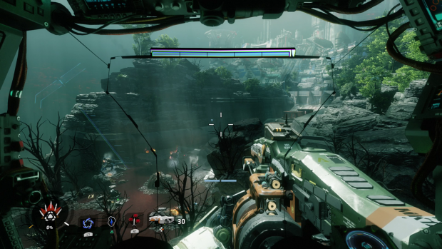 Aus der Kanzel unseres Titanen blicken wir über ein Schlachtfeld. (Screenshot PS4: Golem.de)