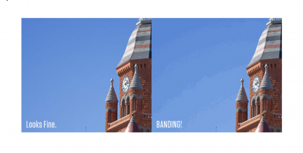 Farbränder werden bei geringen Bit-Tiefen umso deutlicher sichtbar, je größer der Dynamikumfang des Displays ist. Eine höhere Farbtiefe bietet mehr Abstufungen. (Bild: Dolby)