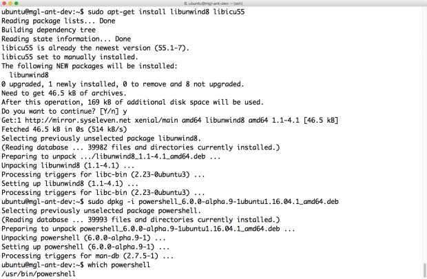 Nach der Installation von libunwind8 und libicu55 lässt sich die Powershell mit Hilfe des Deb-Pakets von Microsoft installieren. (Screenshot: Martin Loschwitz)
