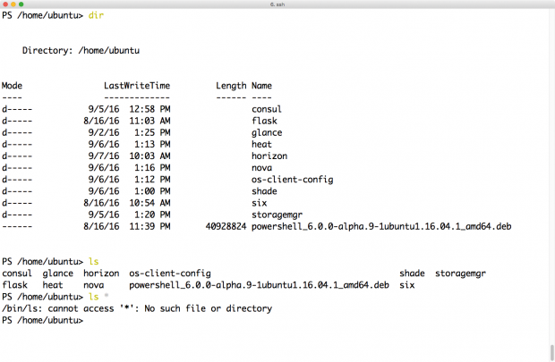 Dir und ls rufen unterschiedliche Programme auf - bei ls klappt das Globbing aber nicht. (Screenshot: Martin Loschwitz)