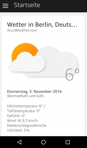 Der von Alexa gesprochene Wetterbericht erscheint auch in der Alexa-App. (Screenshot: Golem.de)