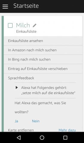 Milch wurde mittels Sprache zur Einkaufsliste hinzugefügt. In den Details kann der Nutzer angeben, ob alles korrekt verstanden wurde. (Screenshot: Golem.de)