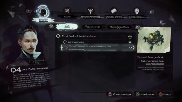 Das jeweilige Missionsziel wird im komplexen Men&uuml; angezeigt. (Screenshot: Golem.de)