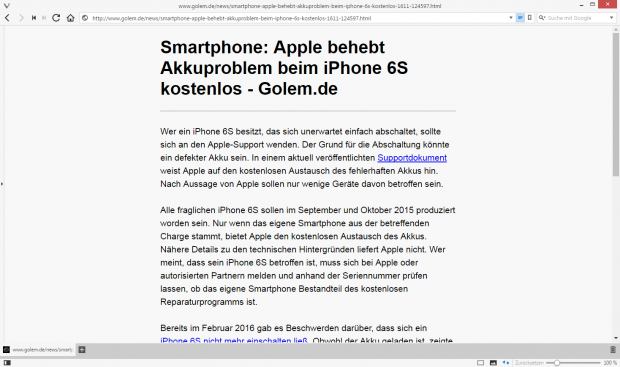 Vivaldi 1.5 mit aktivierter Leseansicht (Screenshot: Golem.de)