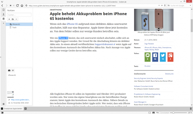 ... legt automatisch einen Screenshot der jeweiligen Webseite an. (Screenshot: Golem.de)