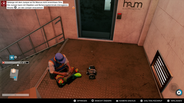 Marcus infiltriert ein Geb&auml;ude mit dem Jumper, seinem ferngesteuerten Auto. (Screenshot: Golem.de)