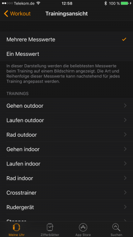 F&uuml;r viele Sportarten kann der Nutzer unterschiedliche Trainingsanzeigen einrichten. (Screenshot: Golem.de)
