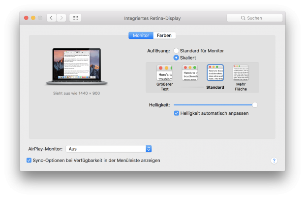 An der Auflösung ändert sich nichts, Apple nutzt aber eine andere Einstellung als Standard. (Screenshot: Golem.de)