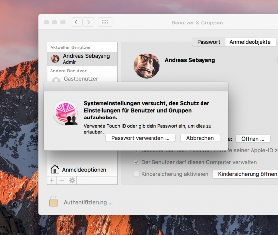Für höhere Rechte gibt es bei Touch-ID-Nutzung einen neuen Dialog. (Screenshot: Golem.de)