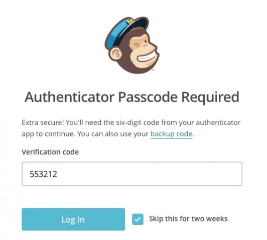 Dienste wie Mailchimp unterstützen die Authentifizierung mit Dritt-Apps wie Google Authenticator. (Bild: Mailchimp)