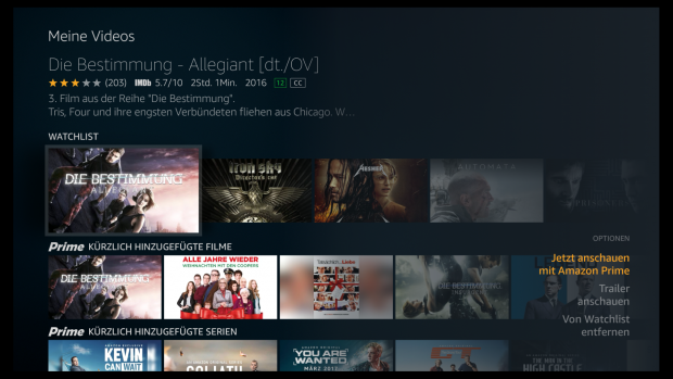 Wahlweise wird die Prime-Verfügbarkeit im Kontextmenü anzeigt - aber auch dafür ist ein Tastendruck auf der Fernbedienung erforderlich. (Screenshot: Golem.de)