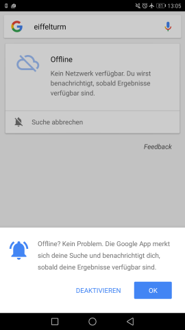 Bei der ersten Offline-Suche wird dem Nutzer die neue Funktion vorgestellt. (Screenshot: Golem.de)