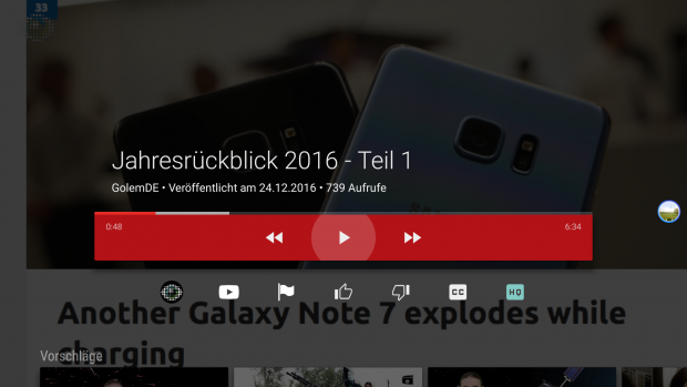 Das Bildschirmmenü der Youtube-App verdeckt fast das gesamte Bild. (Screenshot: Golem.de)