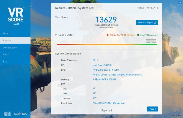 VRScore unter D3D11 mit einer Geforce GTX 1080 (Screenshot: Golem.de)